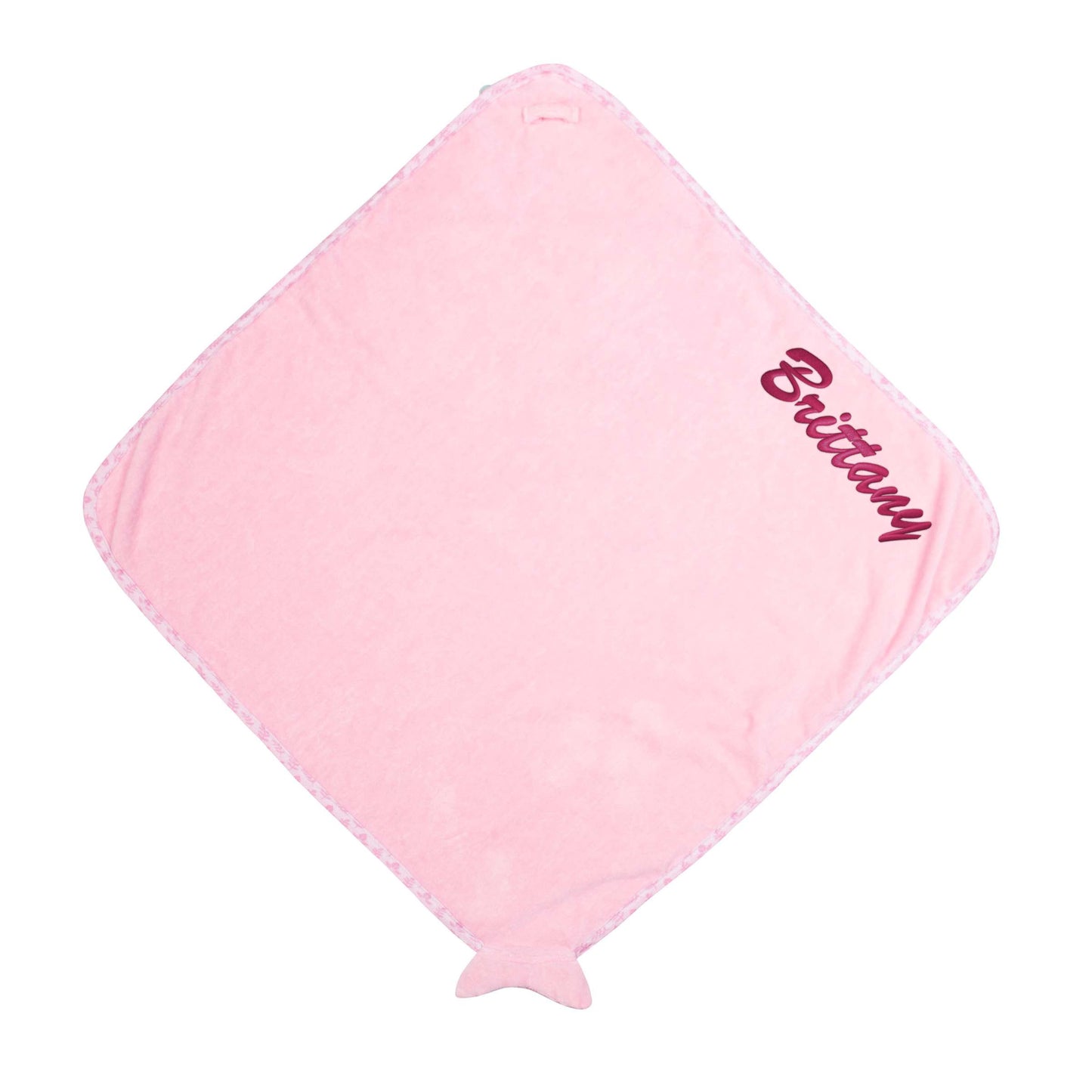 Mermaid baby hooded bath towel embroidered detail showing custom name
