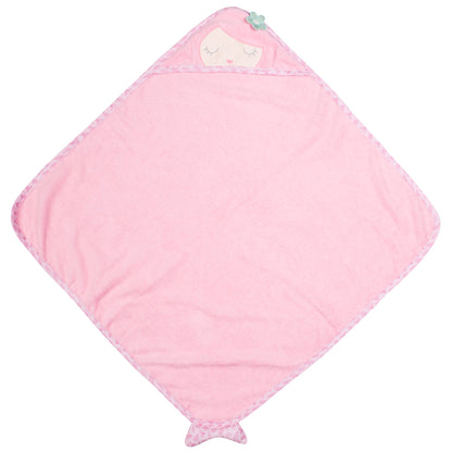 Pink hooded towel with a sleeping mermaid face design and a tail detail at the bottom corner.