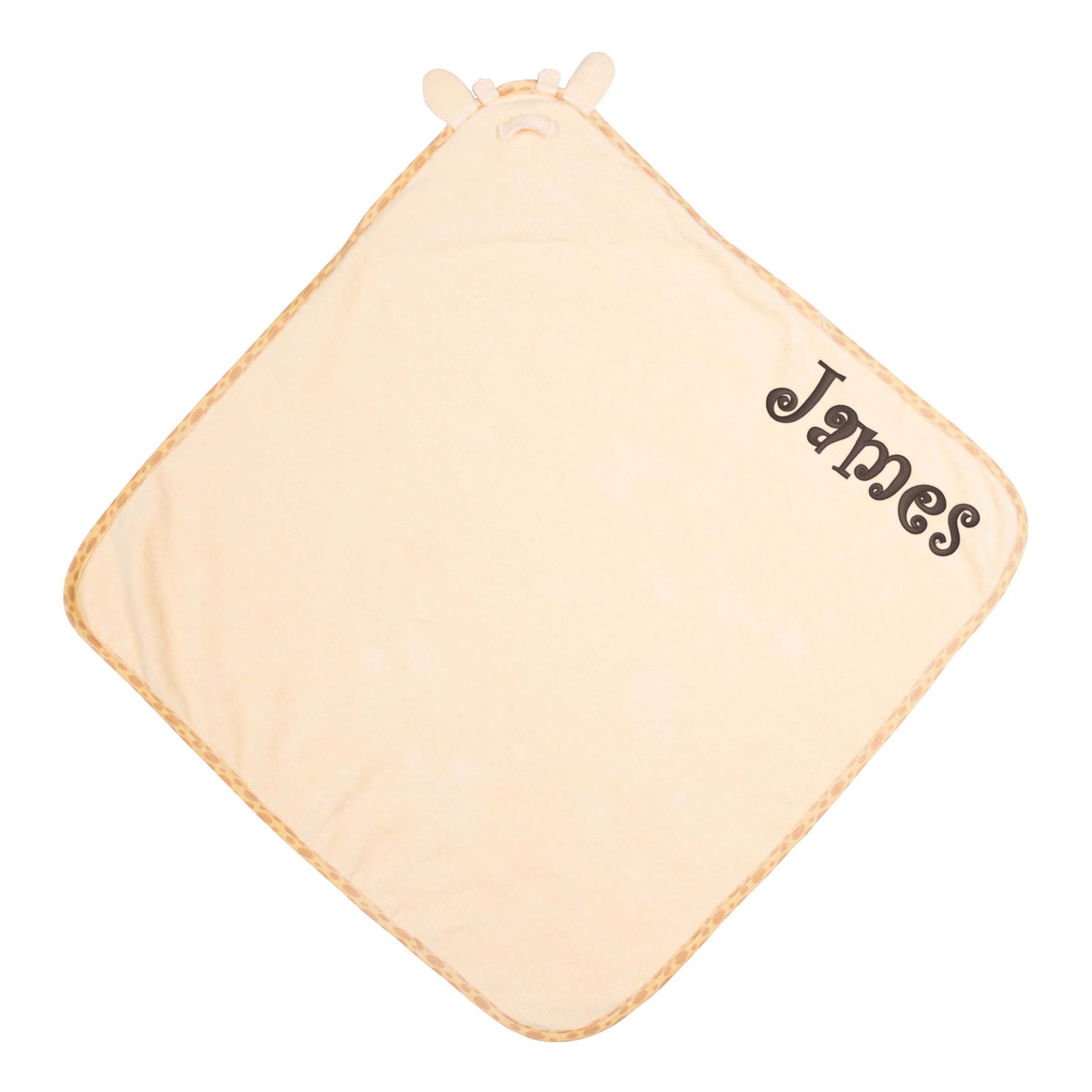 Giraffe baby hooded bath towel embroidered detail showing custom name