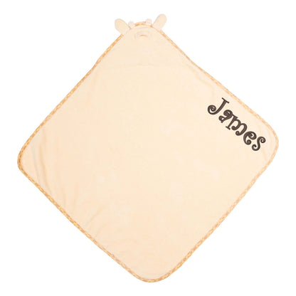 Giraffe baby hooded bath towel embroidered detail showing custom name