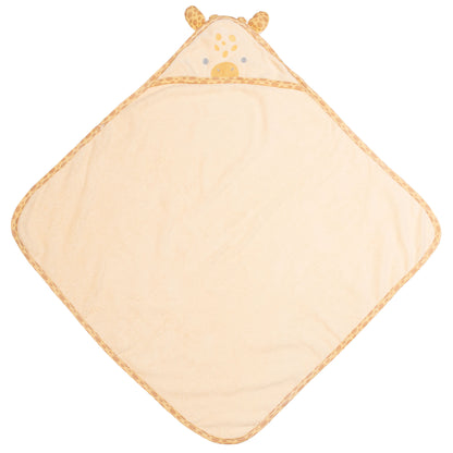 Cream-colored baby bath towel with a giraffe hood featuring spotted ears and a face, shown from the back.