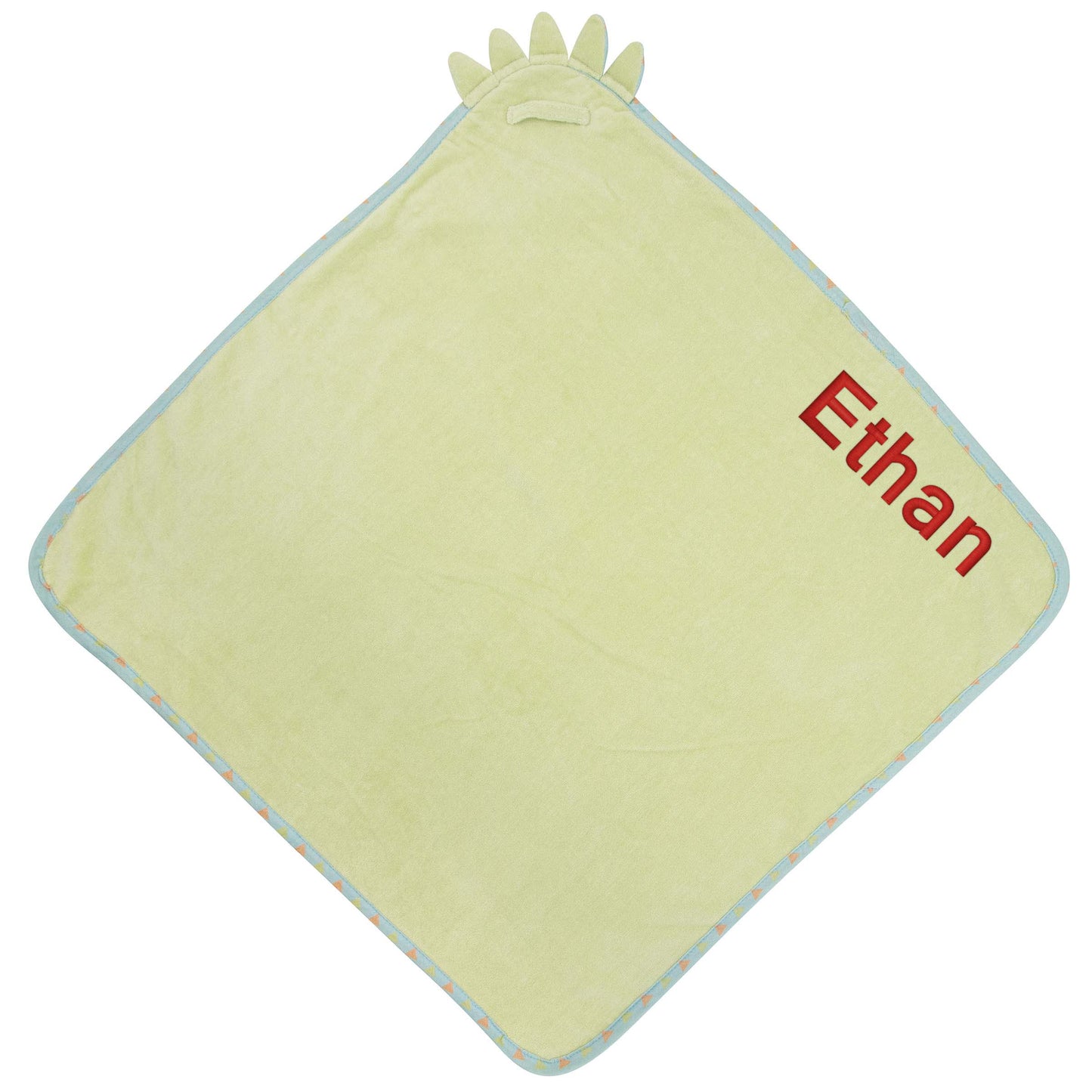 Dino baby hooded bath towel embroidered detail showing custom name