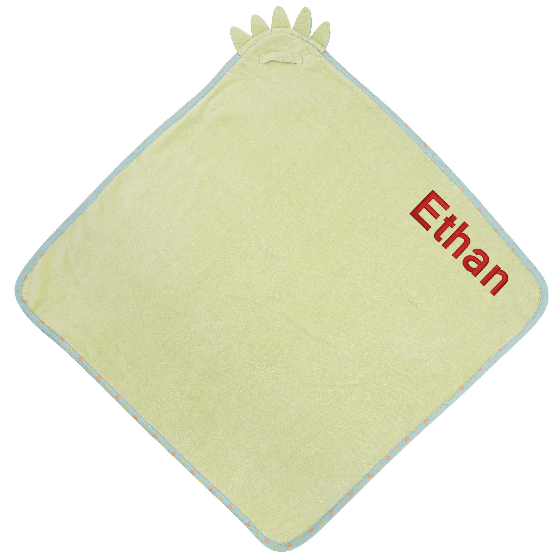 Dino baby hooded bath towel embroidered detail showing custom name