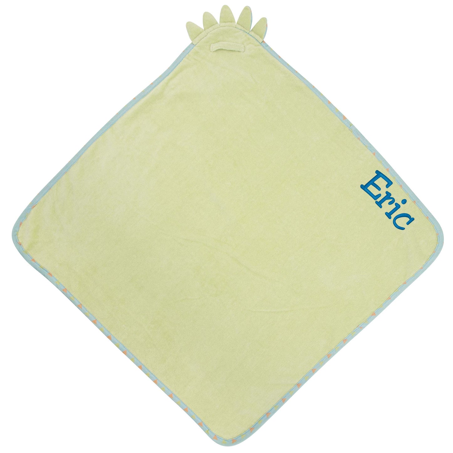 Dino baby hooded bath towel embroidered detail showing custom name