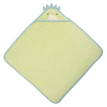 Light green hooded baby towel with blue trim and dinosaur face, shown from the back.