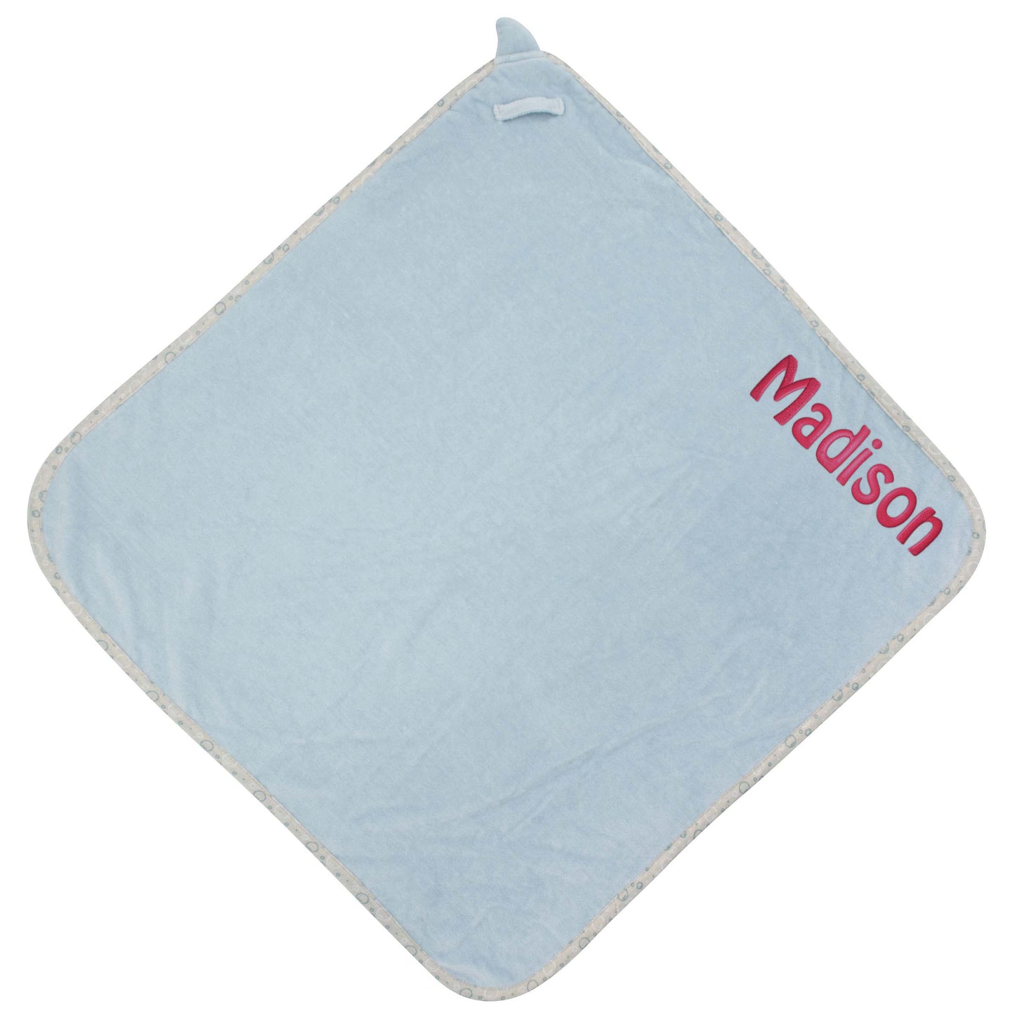 Shark baby hooded bath towel embroidered detail showing custom name