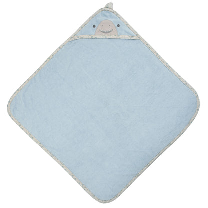 Light blue Stephen Joseph Shark baby bath towel with hood, featuring embroidered smiling shark face on gray hood trim