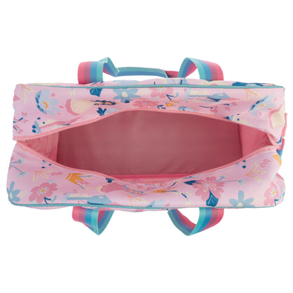 Pink floral duffle bag with blue and pink striped handles, shown open with a pink interior.