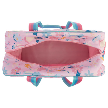Pink floral duffle bag with blue and pink striped handles, shown open with a pink interior.