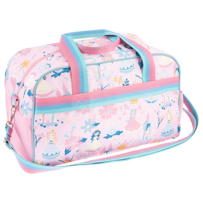Pink duffle bag with princess and castle pattern, blue and pink straps.