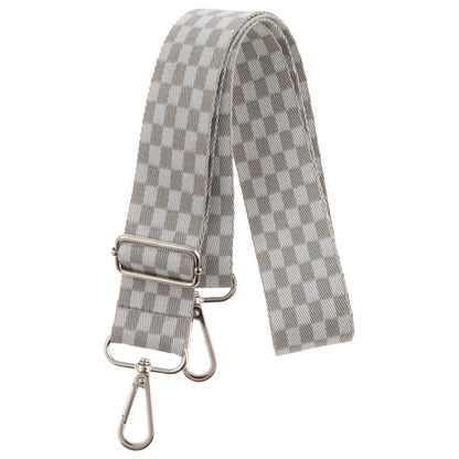Stephen Joseph Construction Duffle Bag strap in gray and white checkerboard pattern with silver metal buckle and clip attachments