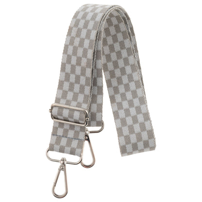 Stephen Joseph construction duffle bag strap in gray and white checkerboard pattern with silver metal buckle and clip attachments