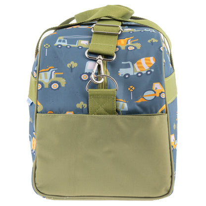 Blue duffle bag with construction vehicle pattern and olive green trim, front view with buckle and pocket.