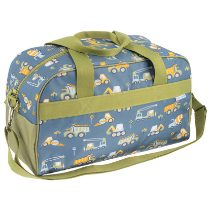 Blue duffle bag with a construction vehicle pattern and green straps.