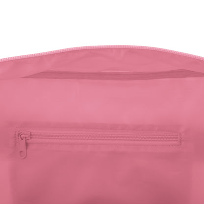 Pink duffle bag interior showing a mesh pocket and a horizontal zippered pocket.