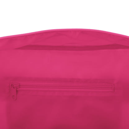 Inside view of a solid pink duffle bag featuring a horizontal zippered pocket.