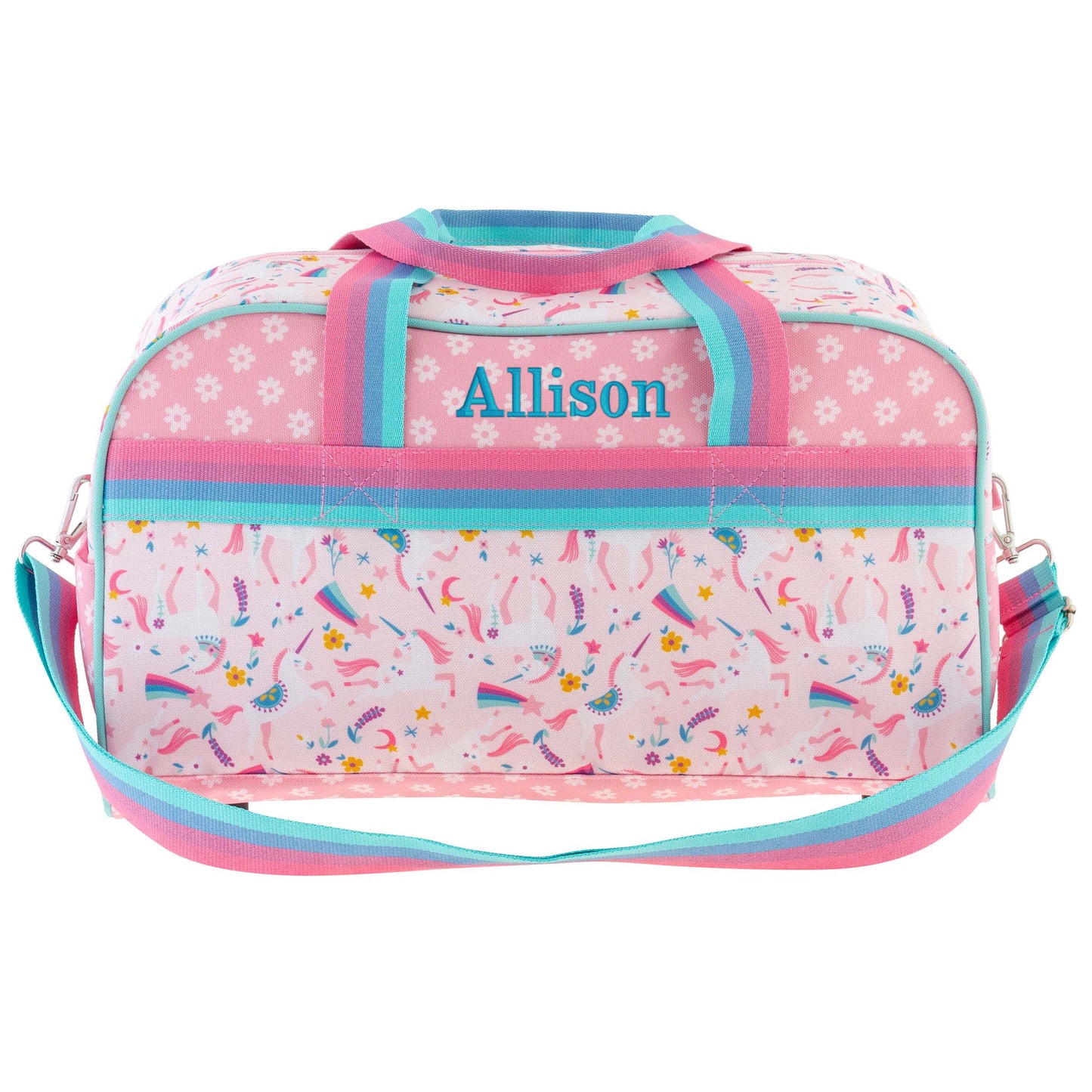 Personalized Pink Unicorn kids duffle bag by Stephen Joseph, front view