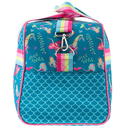 Teal duffle bag with mermaid and scale patterns, pink trim, and striped straps.