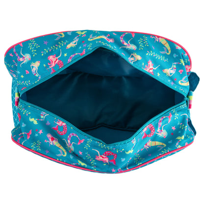 Teal duffle bag with pink and yellow mermaid pattern, open to show dark blue lining.