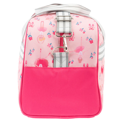 Pink ballet-themed duffle bag with ballerina print, solid pink bottom, and grey striped straps