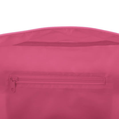 Interior view of a pink duffle bag showing a horizontal zippered pocket and top zipper.