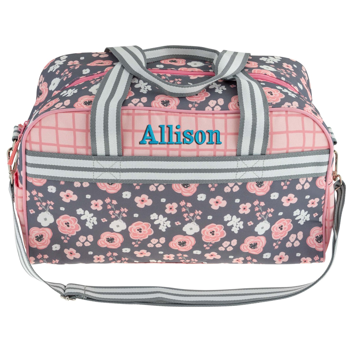 Charcoal Flower duffle bag embroidered detail showing custom name