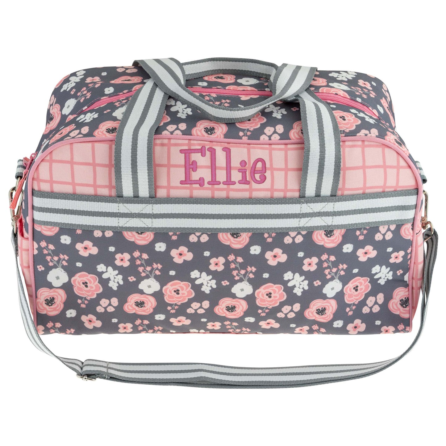Personalized Charcoal Flower kids duffle bag by Stephen Joseph - front view