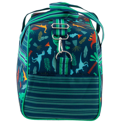 Navy blue duffle bag with colorful dinosaur print, green trim, and striped pocket, viewed from the back.