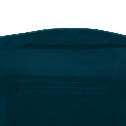 Dark blue duffle bag interior showing a zippered pocket and main compartment.