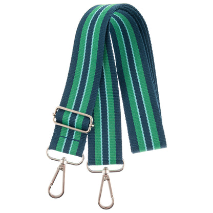 Detachable woven strap with green, blue, and white stripes, silver buckle, and clasps.