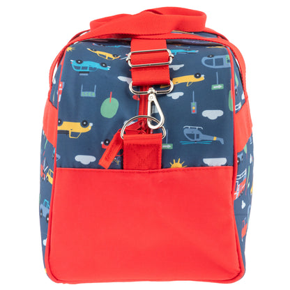 Dark blue duffle bag with red trim and a pattern of cars, planes, and helicopters.