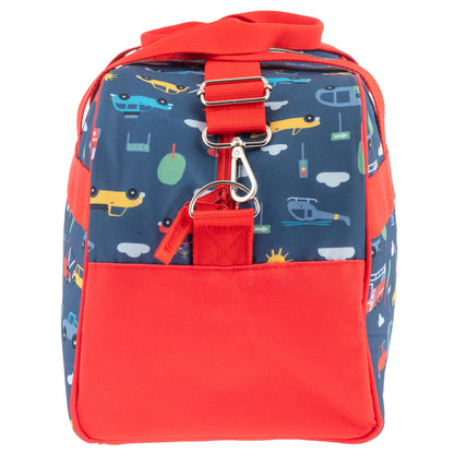 Dark blue duffle bag with colorful transportation print and red trim, shown from the back with red straps and front pocket.