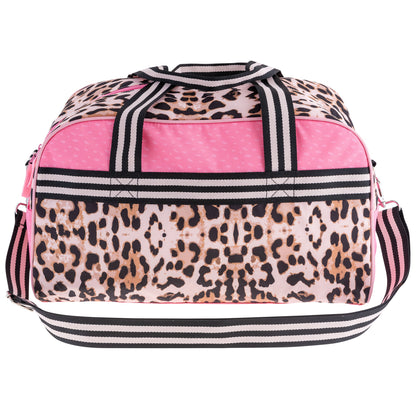 Pink leopard print duffle bag with black and white striped handles and shoulder strap.