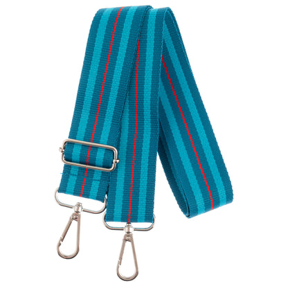 Teal and blue striped webbing strap with red pinstripes, silver buckle, and two clasps.