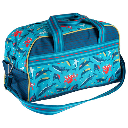 Teal duffle bag with shark and octopus print, striped handles, and yellow piping.