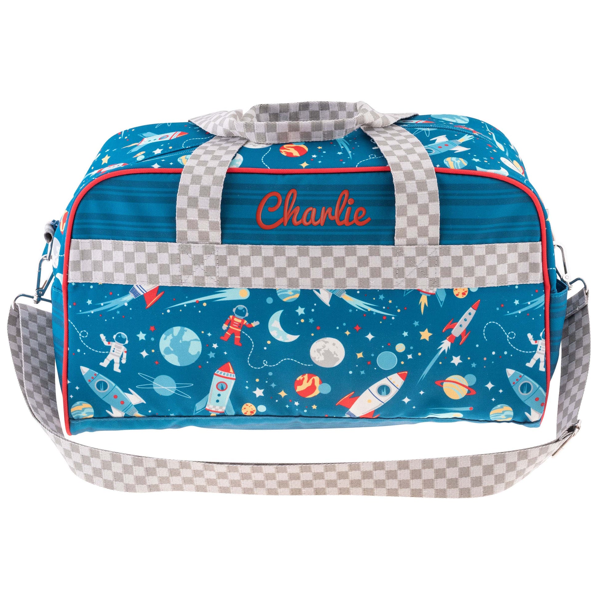 Personalized Space kids duffle bag by Stephen Joseph, front view