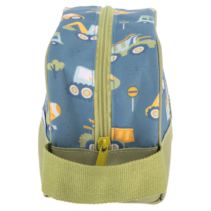 Blue toiletry bag with yellow construction vehicle pattern, green zipper, and side pocket, viewed from the side.