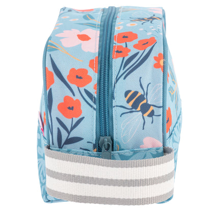 Light blue toiletry bag with orange flowers and bees, featuring a gray and white striped handle.