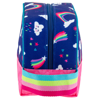 Blue toiletry bag with rainbow, cloud, and star pattern, pink base, and multicolored striped handle.
