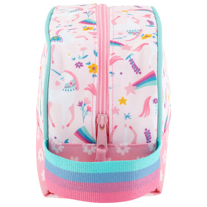 Pink toiletry bag with unicorn, rainbow, and floral pattern, featuring mint green trim and a striped pocket on the back.