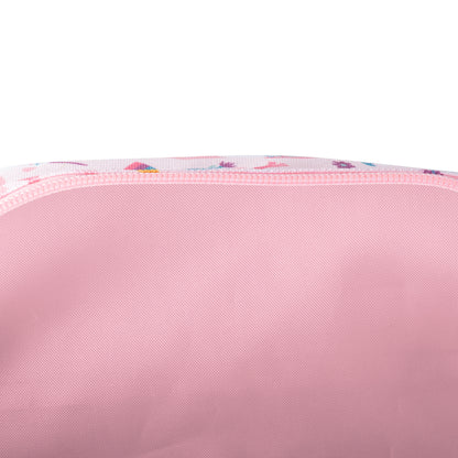 Close-up of a pink toiletry bag interior with a unicorn pattern on the exterior.