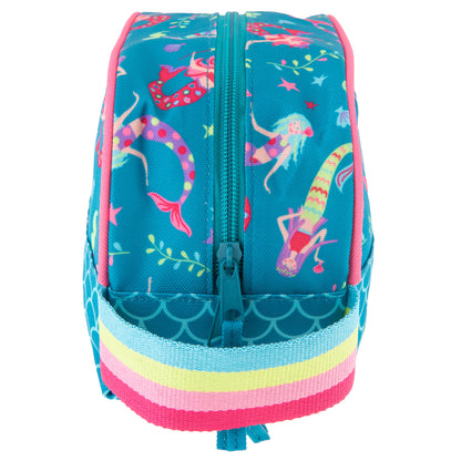 Teal toiletry bag with pink trim, colorful mermaid print, and striped pocket.