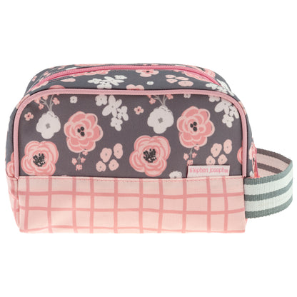 Charcoal toiletry bag with pink and white floral pattern, pink grid base, and striped handle