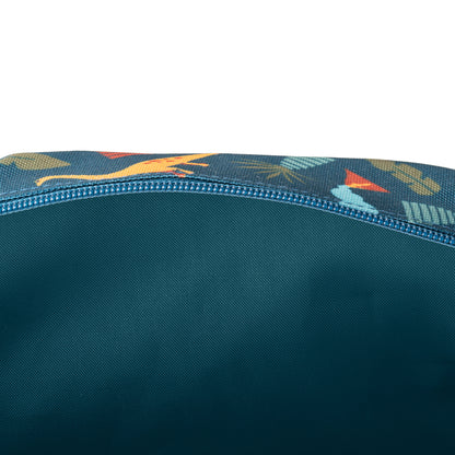 Teal toiletry bag interior with blue zipper and dinosaur pattern exterior.