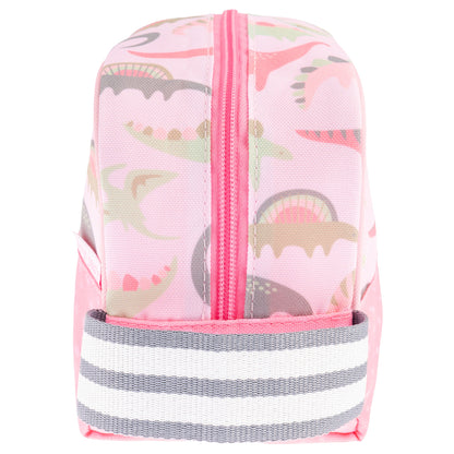 Pink duffle bag with dinosaur pattern and grey striped handle, shown from the back.