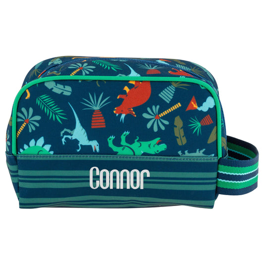 Personalized Dino kids toiletry bag by Stephen Joseph, front view