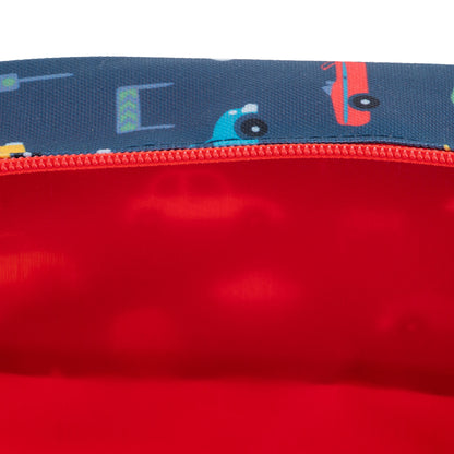 Dark blue toiletry bag with colorful transportation pattern and red zipper, showing red interior lining.