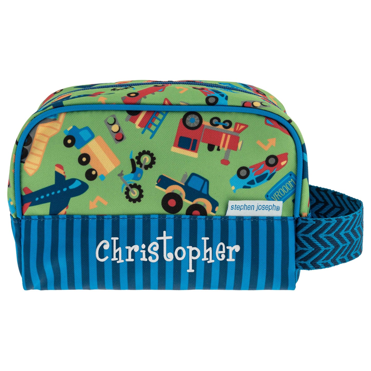 Personalized Transportation kids toiletry bag by Stephen Joseph, front view