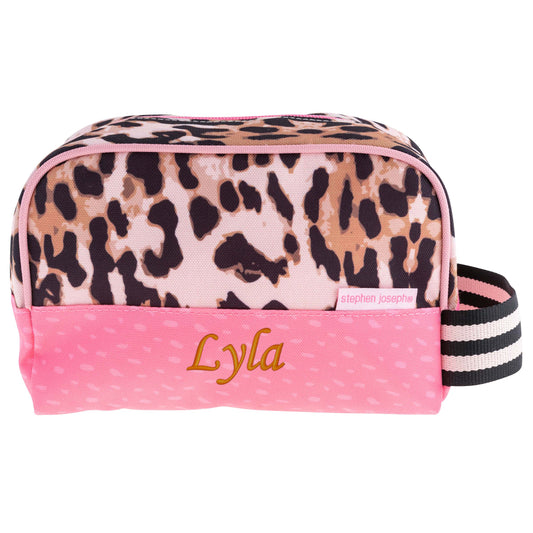 Personalized Leopard kids toiletry bag by Stephen Joseph, front view