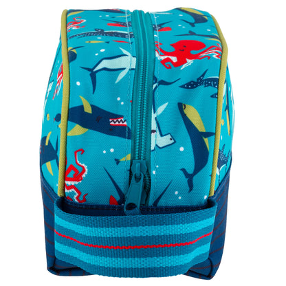 Blue Stephen Joseph shark toiletry bag with colorful sea creature print, front zip pocket, and striped blue bottom panel